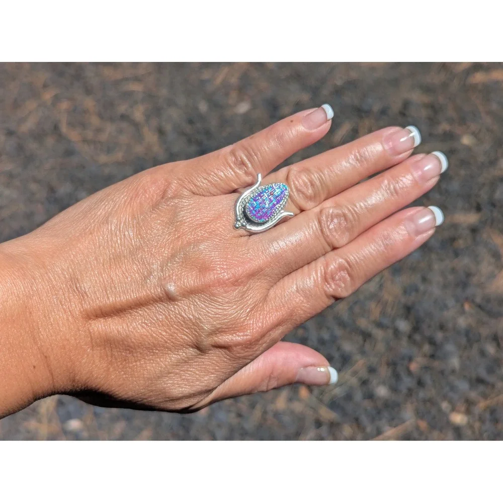 Zuni Corn Ring Purple Blue Opal Sterling Silver Native Am Jewelry Sz 7US**‎